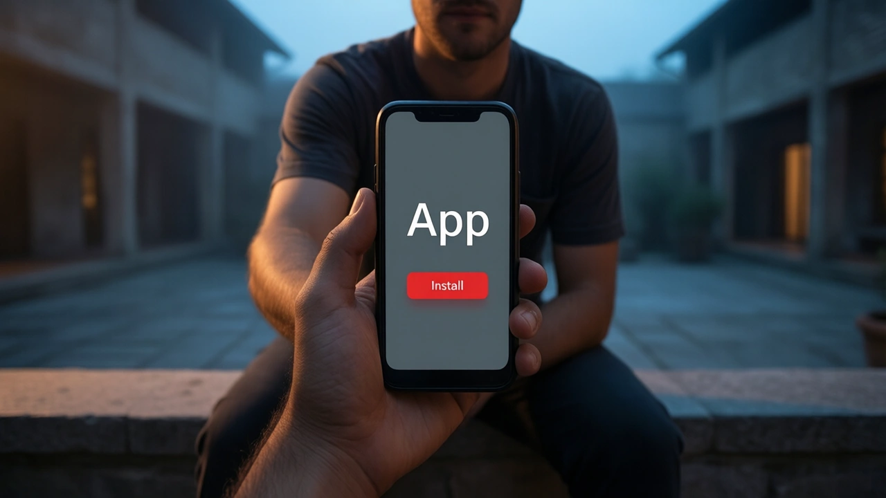 A man in a plain unprinted shirt sitting on a low wall in a quiet courtyard at dusk, holding an Android phone toward the camera, the graphite-grey screen showing the large white word "App" above one red button with the word "Install"