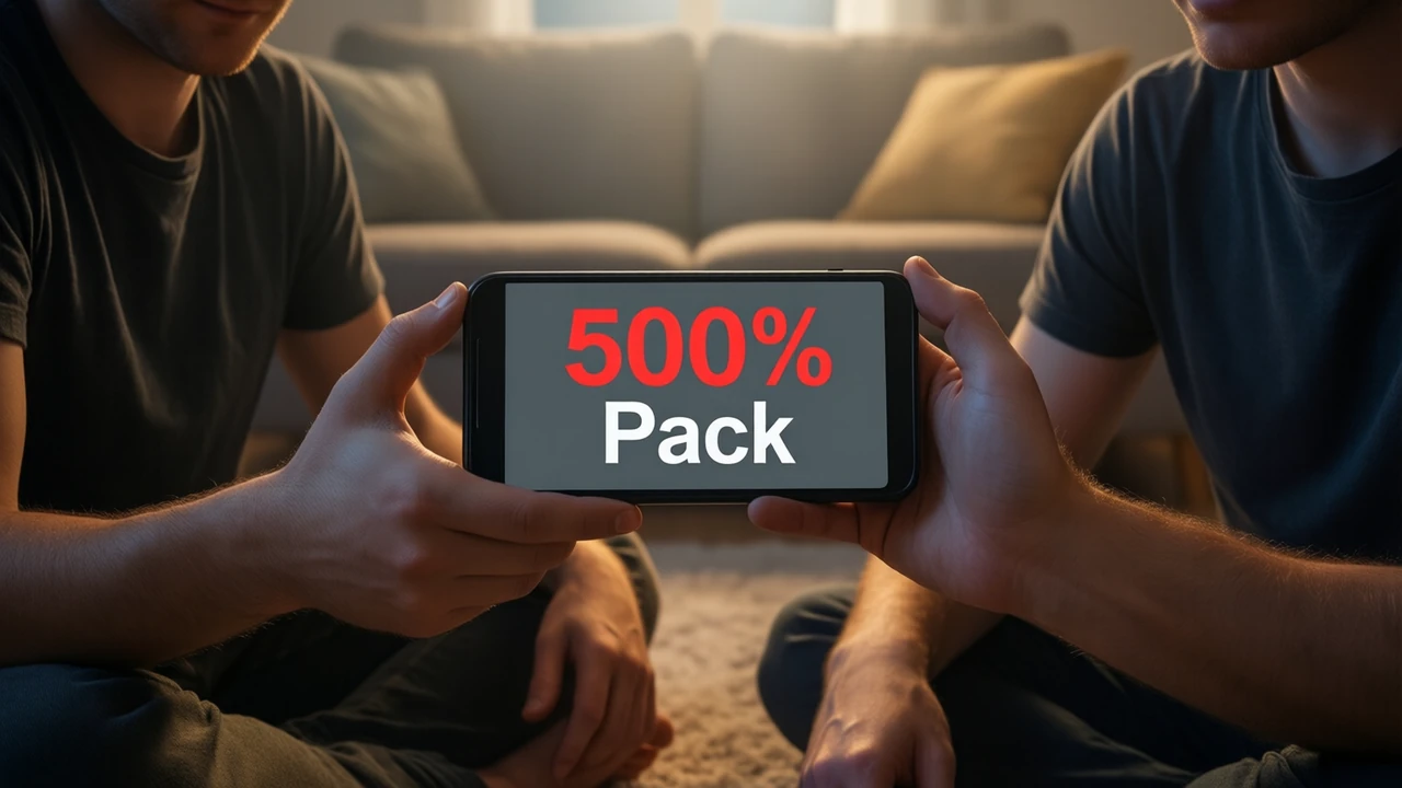 Two friends in plain unprinted t-shirts on a living-room floor at night, one holding an Android phone between them, the graphite-grey screen showing the large red number "500%" printed flat above the white word "Pack"