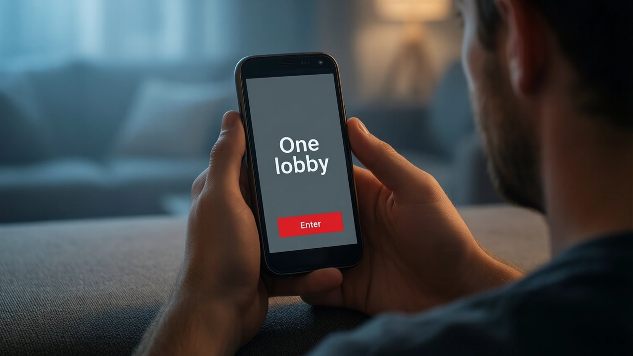 A young man on a sofa at night holding an Android phone close, seen over his shoulder, the graphite-grey screen showing the large white words "One lobby" above one red button with the word "Enter"