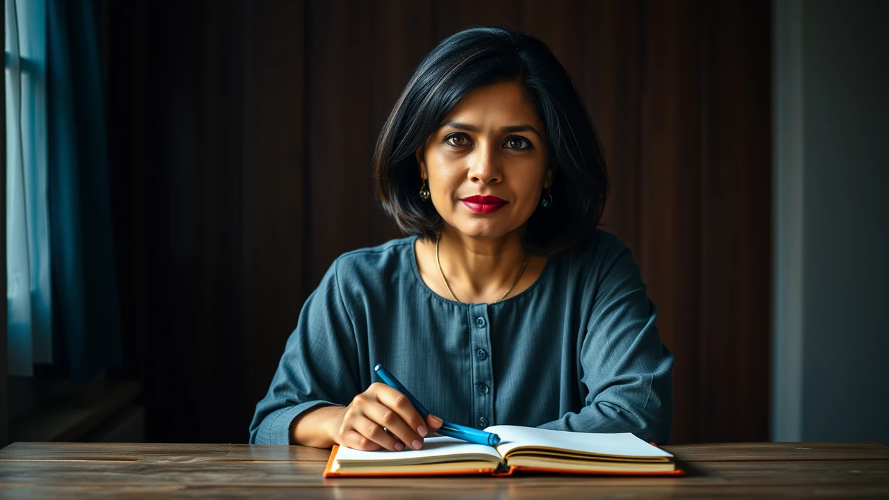 Portrait of a woman in her thirties with shoulder-length dark hair and a plain grey kurta, sitting at a wooden desk in daylight with a paper notebook and a pen in front of her, looking at the camera with a calm expression