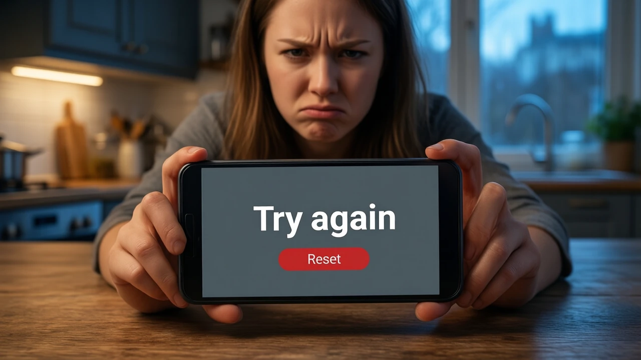 A woman at a kitchen table in the evening frowning at her Android phone, the graphite-grey screen showing the large white words "Try again" and one red button with the word "Reset"