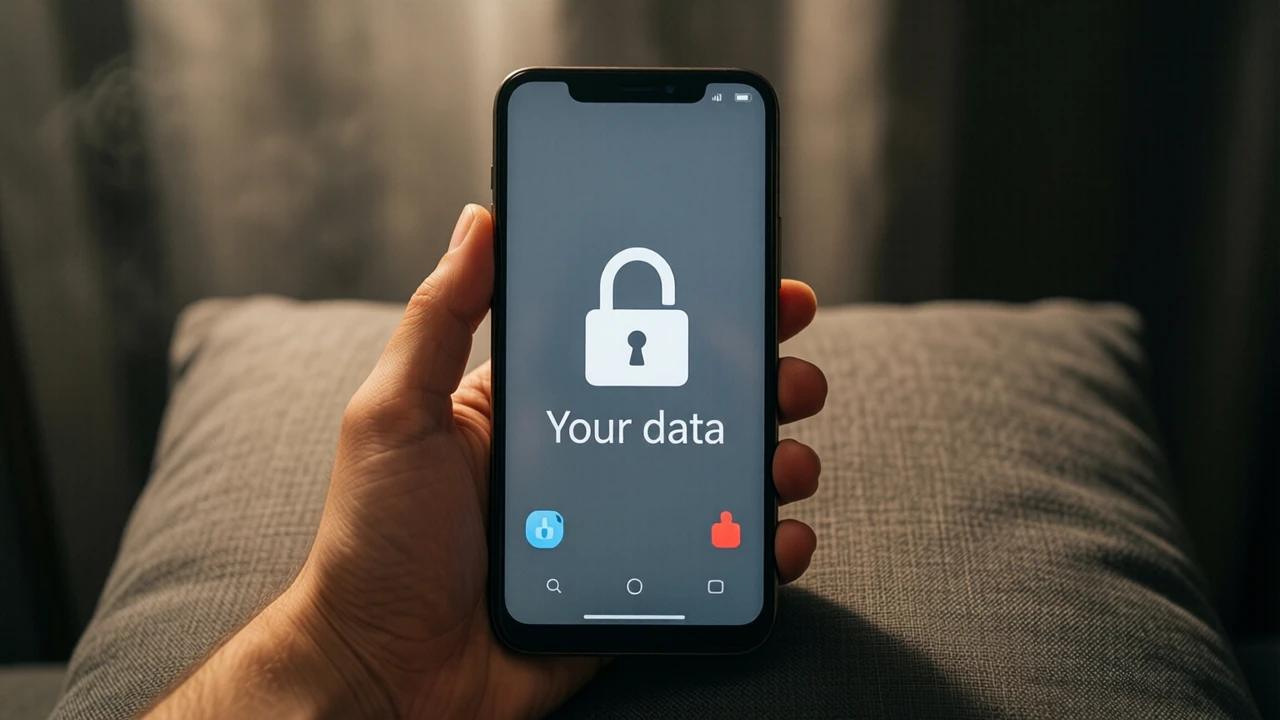 A hand holding a slim Android phone upright in portrait orientation above a plain grey cushion in soft lamp light, the tall graphite-grey screen showing a large white padlock outline above the white words "Your data"
