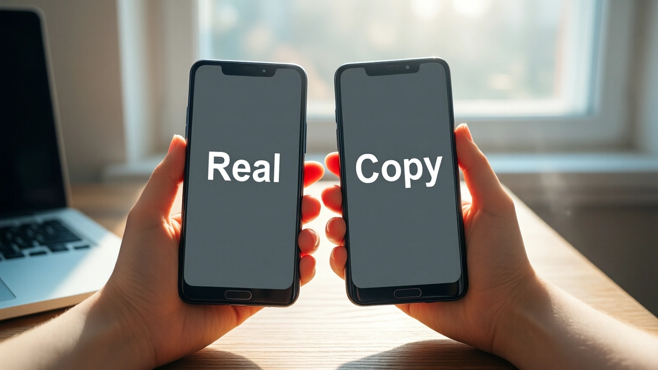 A young woman at a desk by a window in daylight comparing two Android phones held side by side, each graphite-grey screen showing one large white word, "Real" on the left and "Copy" on the right