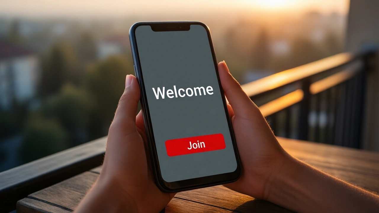 A young woman on a balcony in warm evening light holding an Android phone, the graphite-grey screen showing the large white word "Welcome" above one red button with the word "Join"