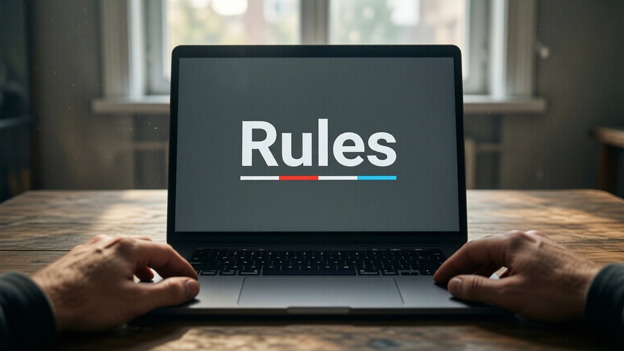 A laptop open on a bare table in a quiet room by daylight, the graphite-grey screen showing the large white word "Rules" above three short white lines