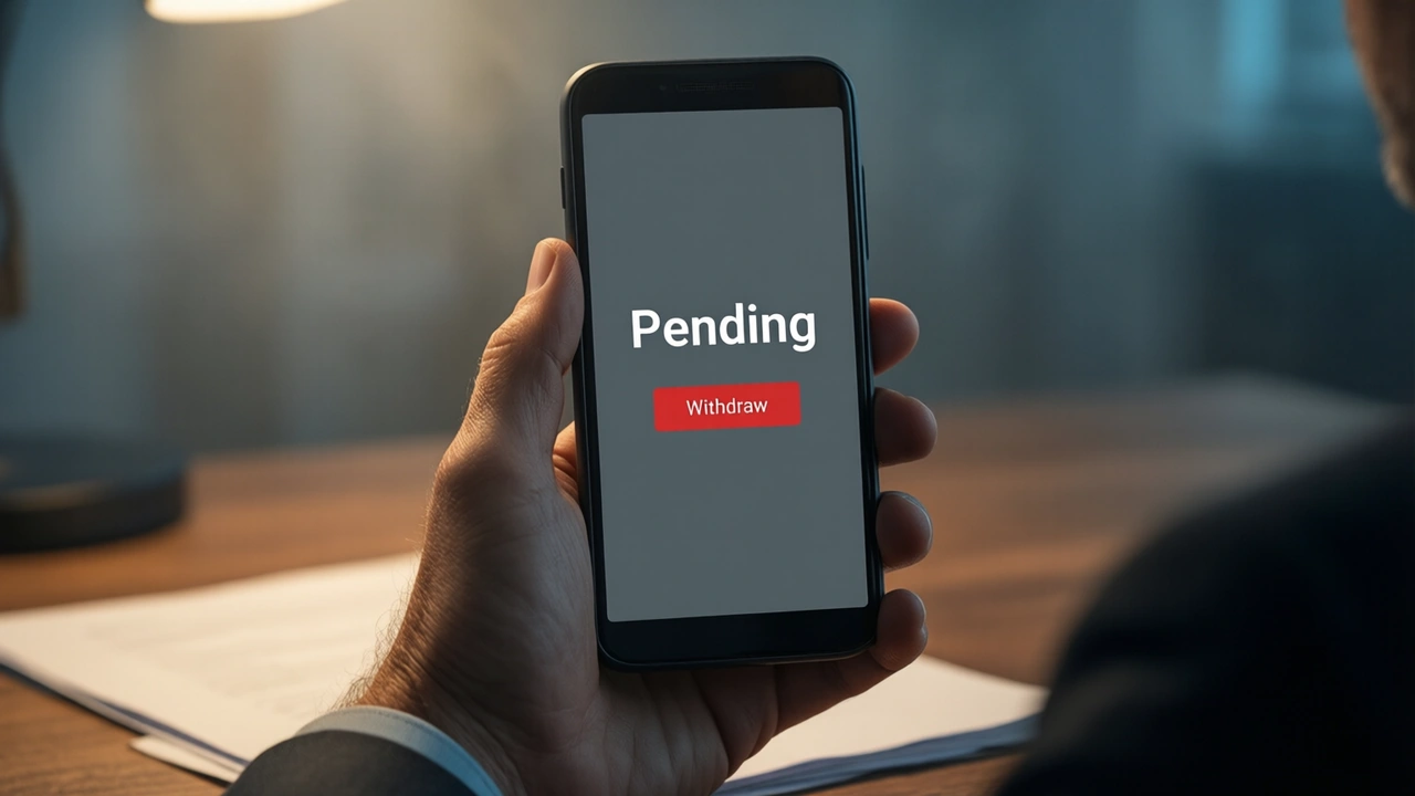A middle-aged man at a small office desk after work, holding an Android phone at eye level, the graphite-grey screen showing the large white word "Pending" above one red button with the word "Withdraw"